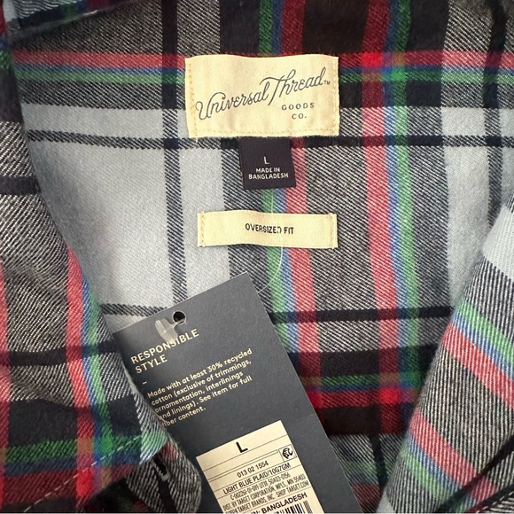 Target universal‎ thread Blue and Red Plaid flannel cotton Shirt size L NWT - Picture 3 of 6